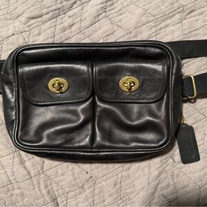 Coach Black and Gold Belt Bag with Glossy Leather Finish
